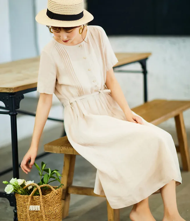 Mid Length Women Dresses, Short Sleeve Summer Linen Dress, Washed Linen Women Dresses SJ9715