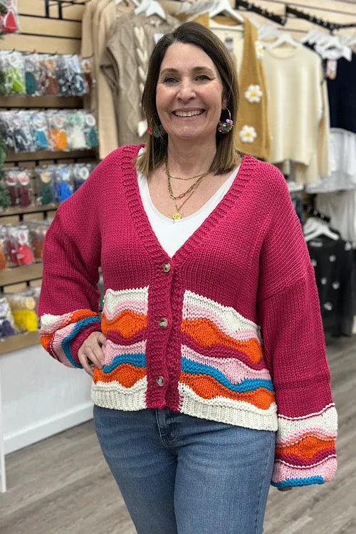Mischa - Button Down Wave Sweater Cardigan - Magenta