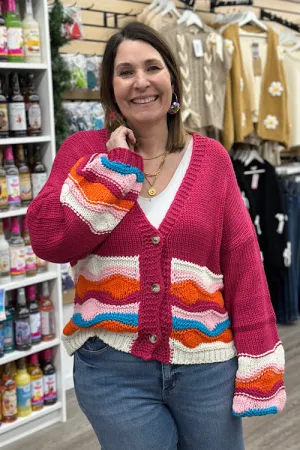 Mischa - Button Down Wave Sweater Cardigan - Magenta