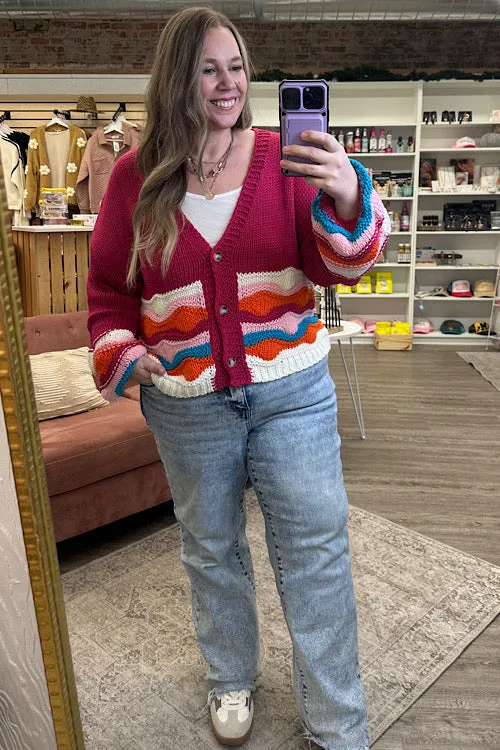 Mischa - Button Down Wave Sweater Cardigan - Magenta