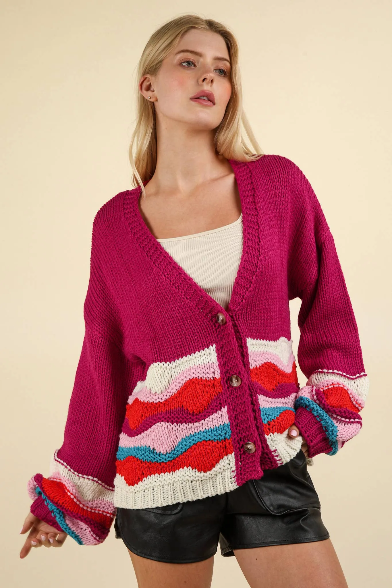 Mischa - Button Down Wave Sweater Cardigan - Magenta