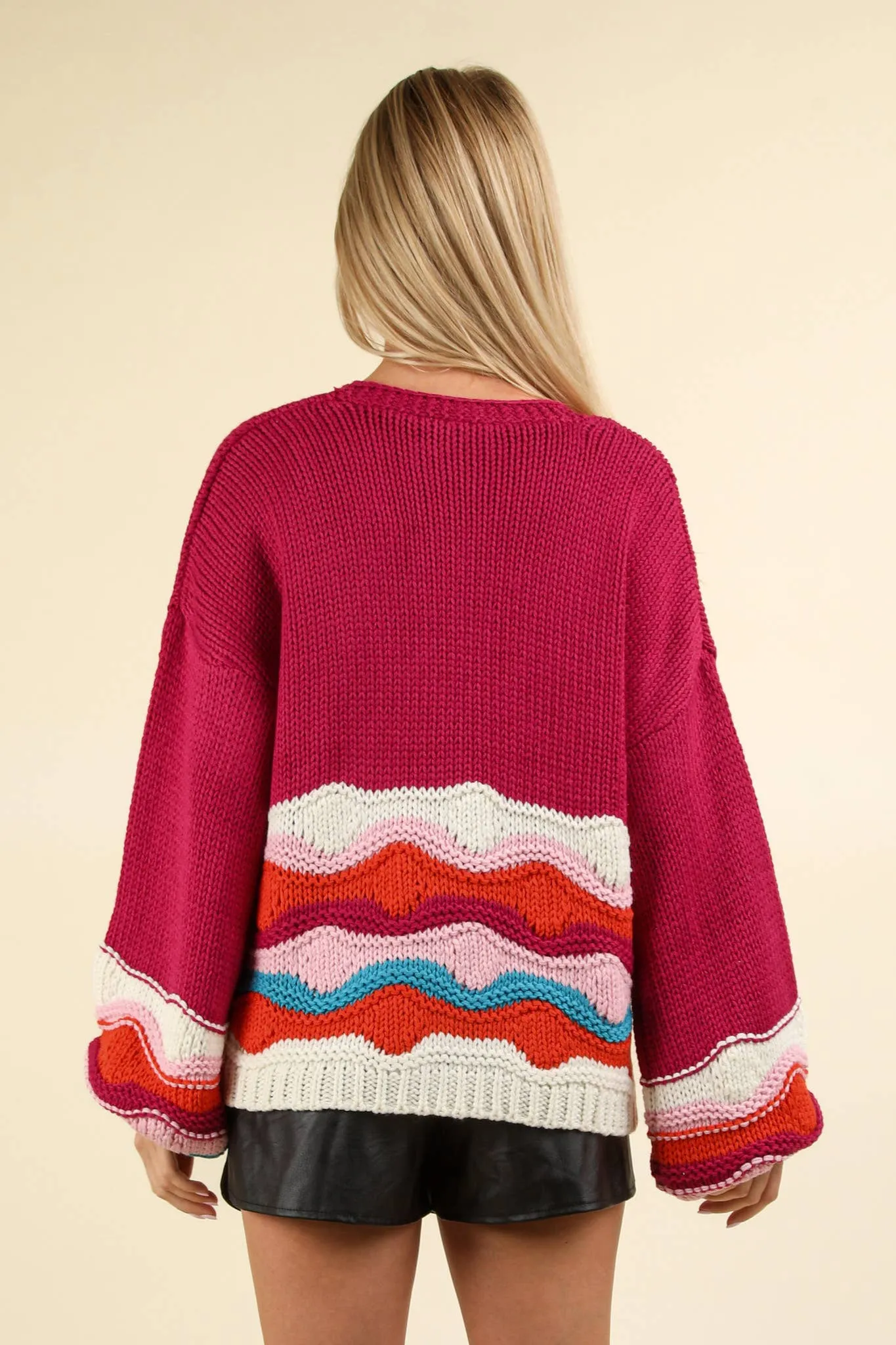 Mischa - Button Down Wave Sweater Cardigan - Magenta