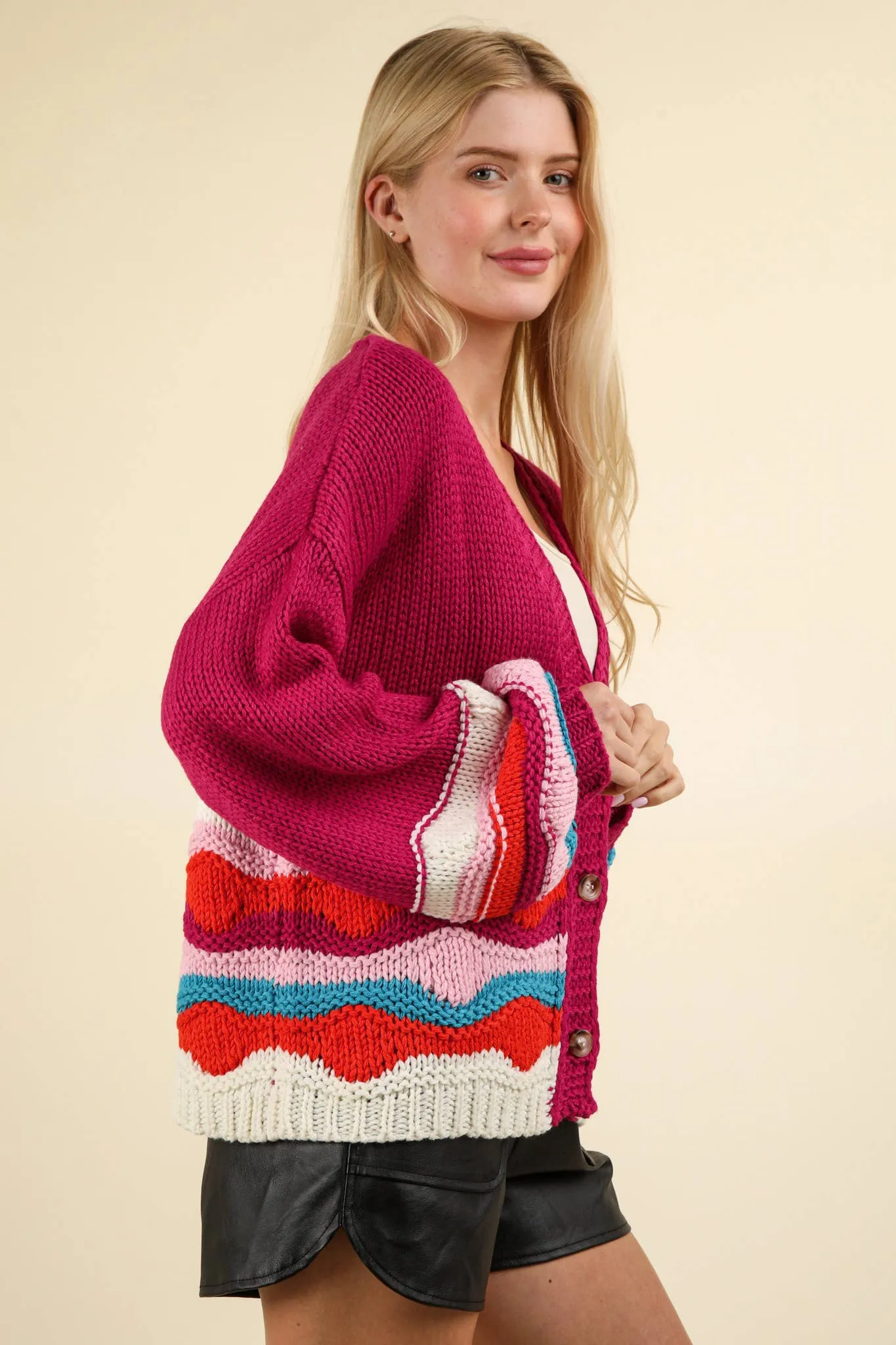 Mischa - Button Down Wave Sweater Cardigan - Magenta