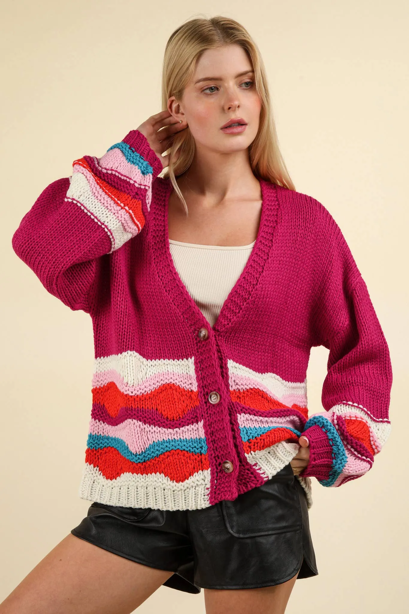 Mischa - Button Down Wave Sweater Cardigan - Magenta