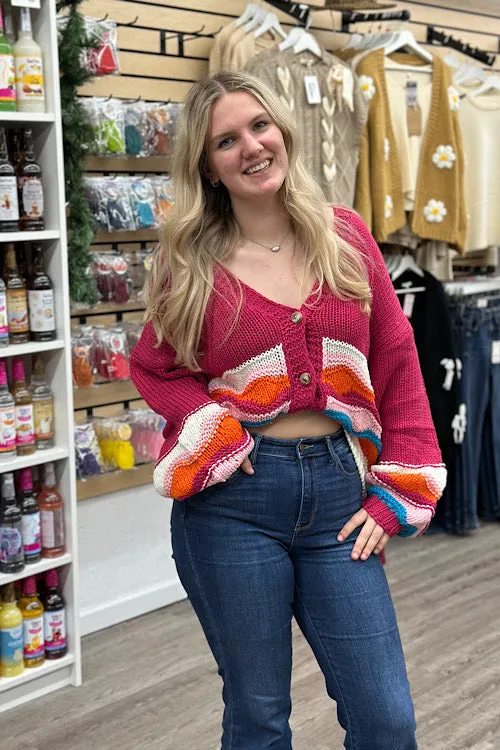 Mischa - Button Down Wave Sweater Cardigan - Magenta