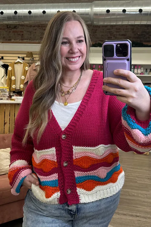 Mischa - Button Down Wave Sweater Cardigan - Magenta