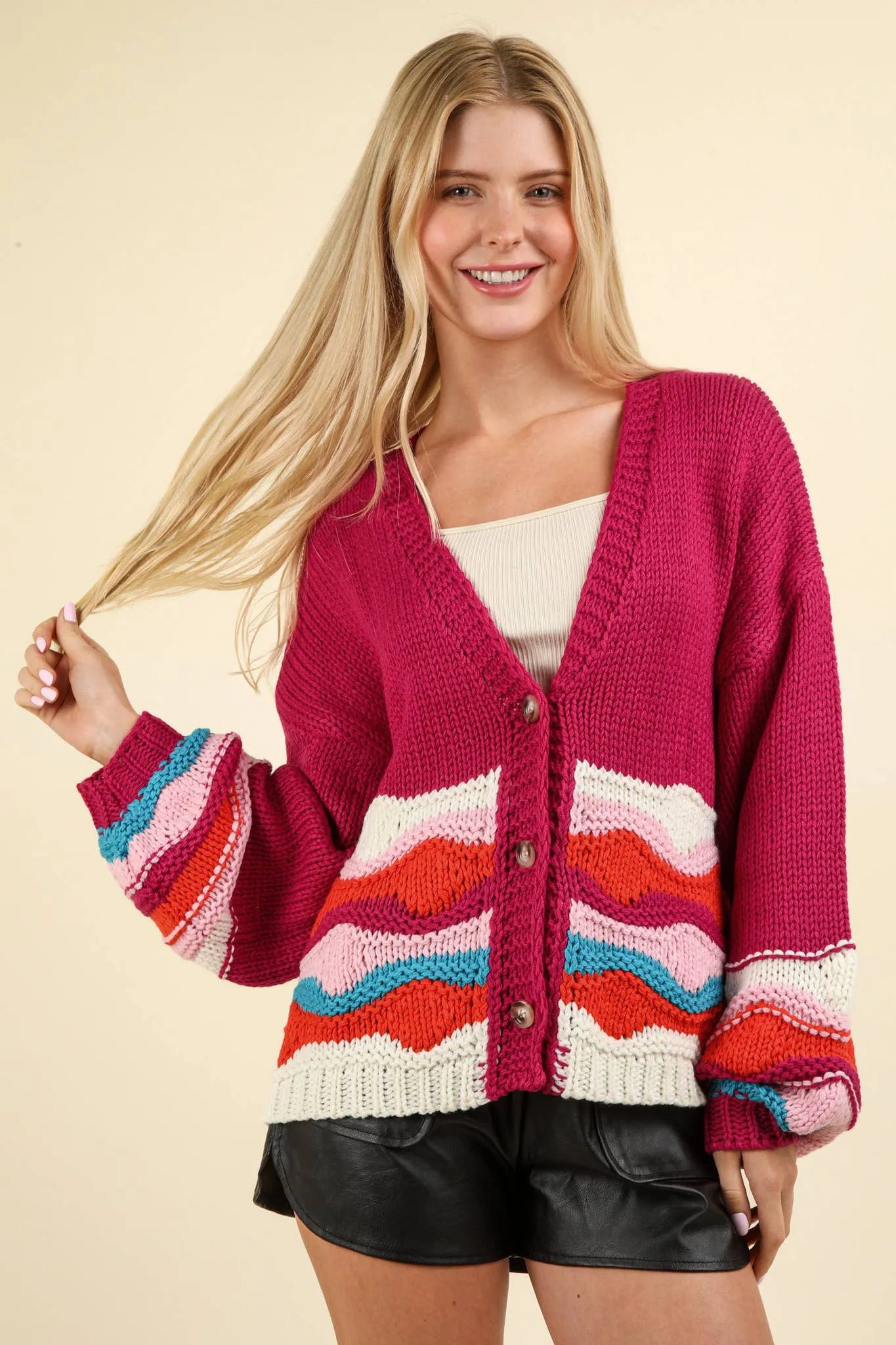 Mischa - Button Down Wave Sweater Cardigan - Magenta