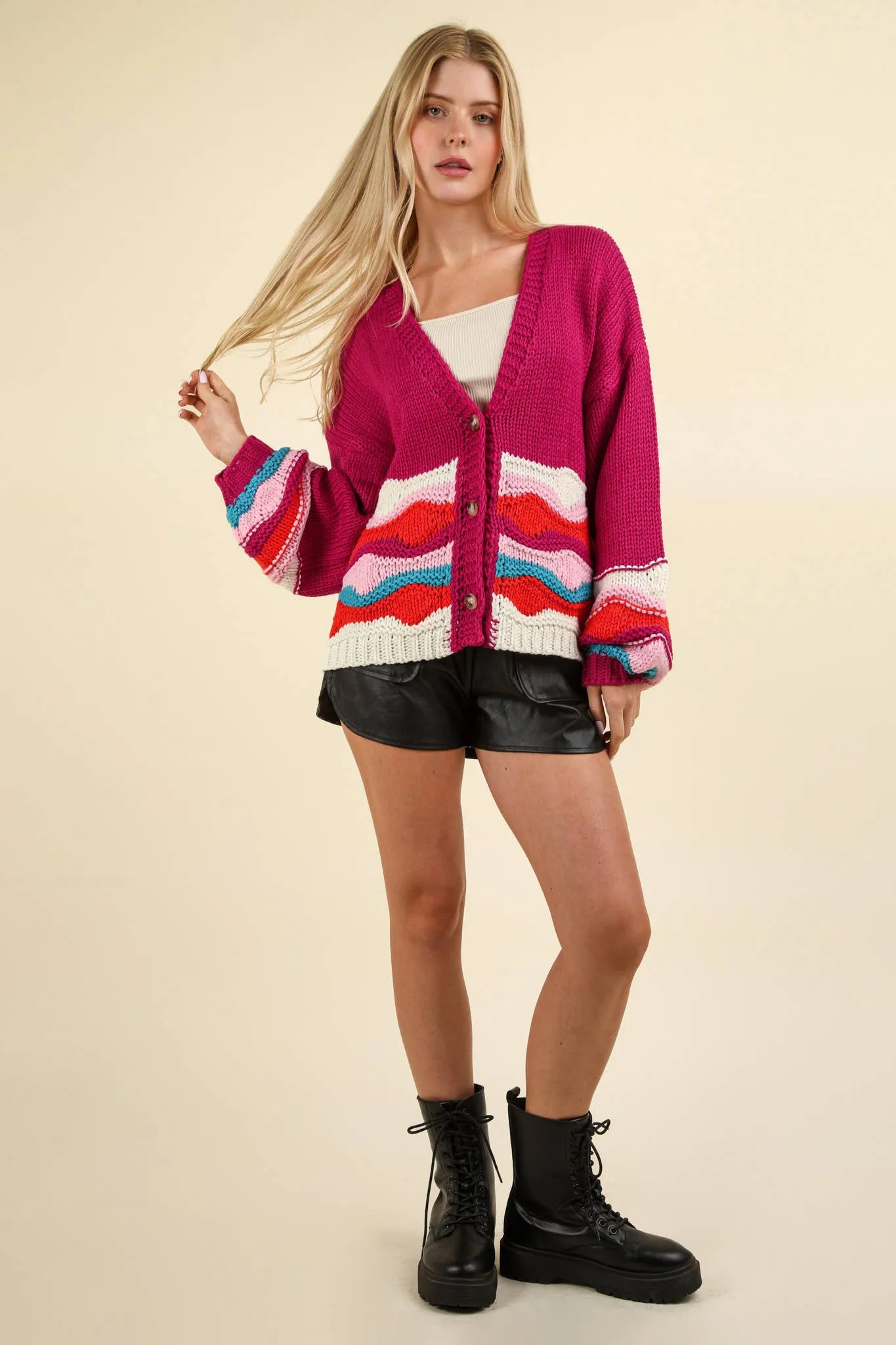 Mischa - Button Down Wave Sweater Cardigan - Magenta