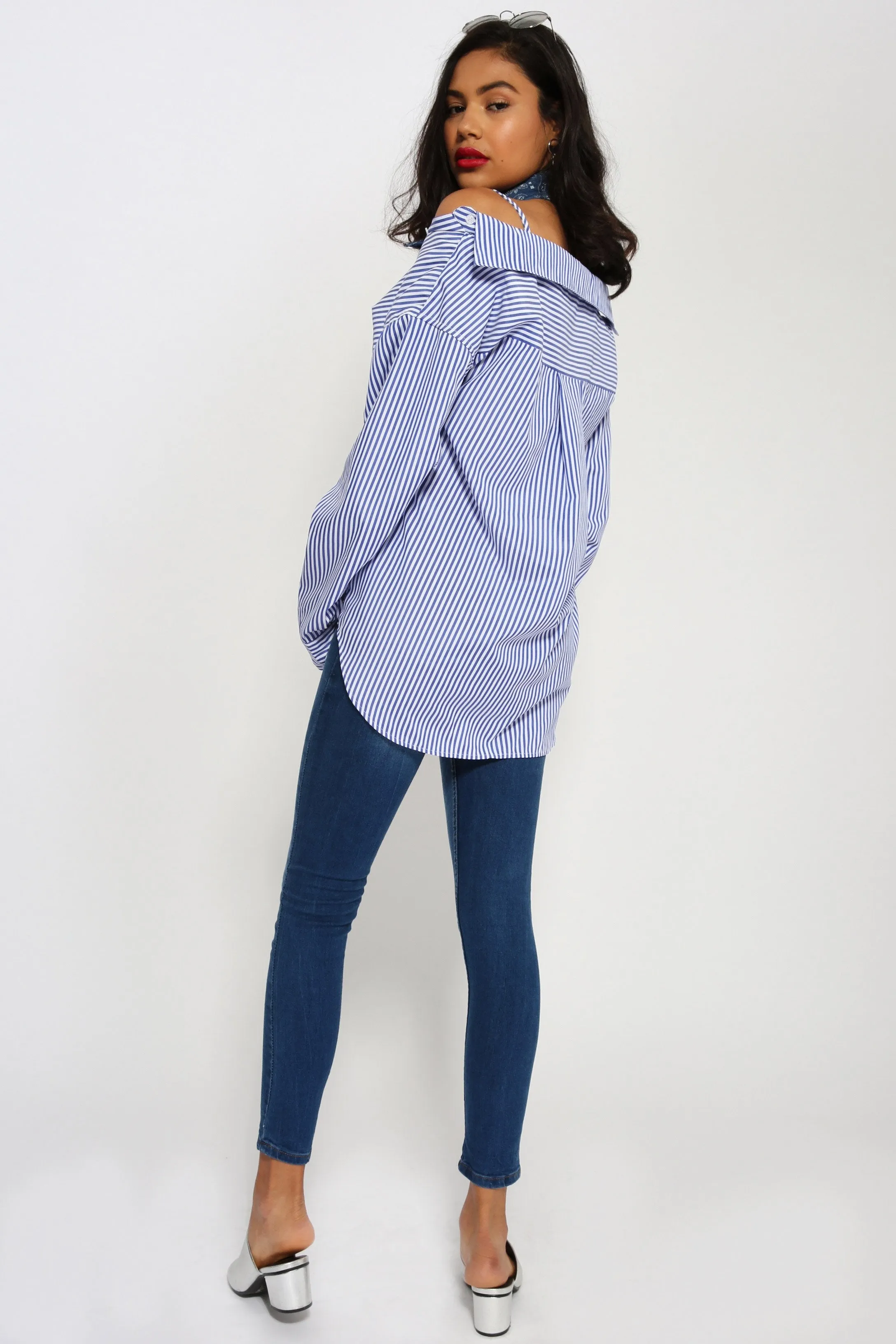 Navy/White Oversized Off The Shoulder Shirt