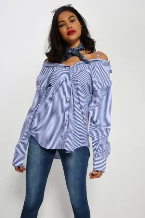 Navy/White Oversized Off The Shoulder Shirt