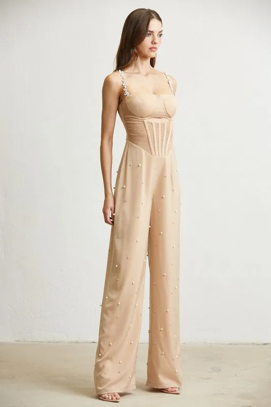 Nude Pearl Rhinestone Corset Satin Jumpsuit
