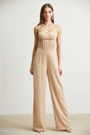 Nude Pearl Rhinestone Corset Satin Jumpsuit