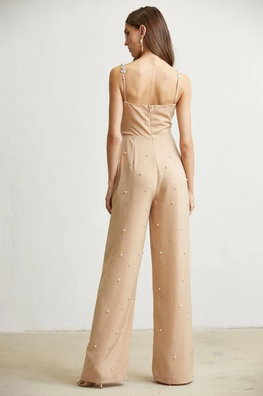 Nude Pearl Rhinestone Corset Satin Jumpsuit