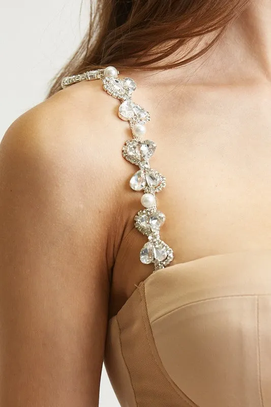 Nude Pearl Rhinestone Corset Satin Jumpsuit
