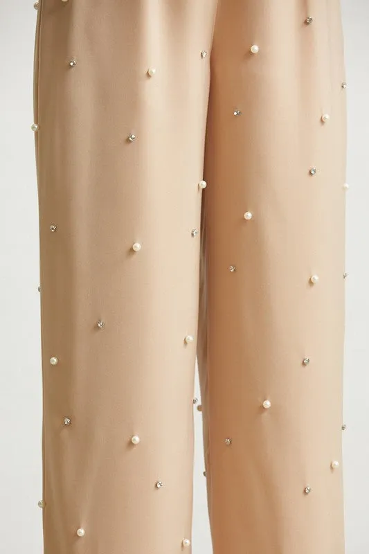 Nude Pearl Rhinestone Corset Satin Jumpsuit