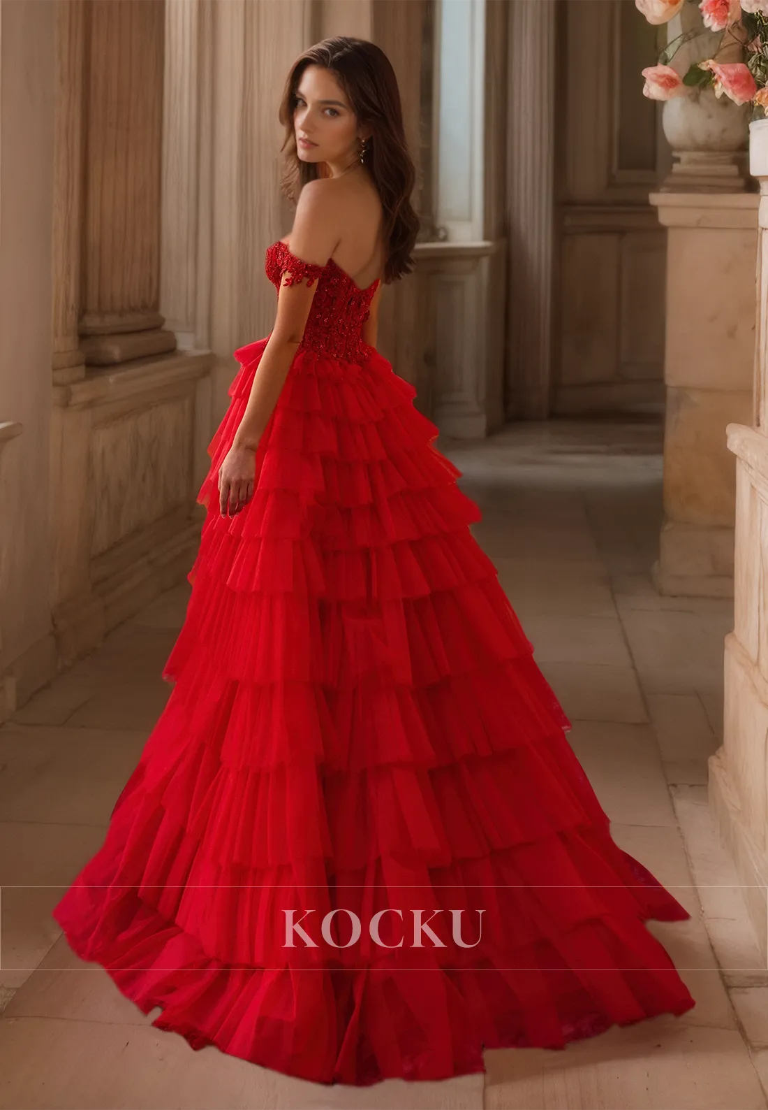 Off-Shoulder A-Line Sweetheart Sleeveless High Slit Lace Prom Dress with Appliques Evening Dress