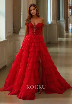 Off-Shoulder A-Line Sweetheart Sleeveless High Slit Lace Prom Dress with Appliques Evening Dress
