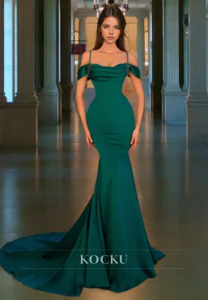 Off-Shoulder Mermaid Spaghetti Straps Sweep Train Ruched Satin Prom Dress with Beads Formal Gowns