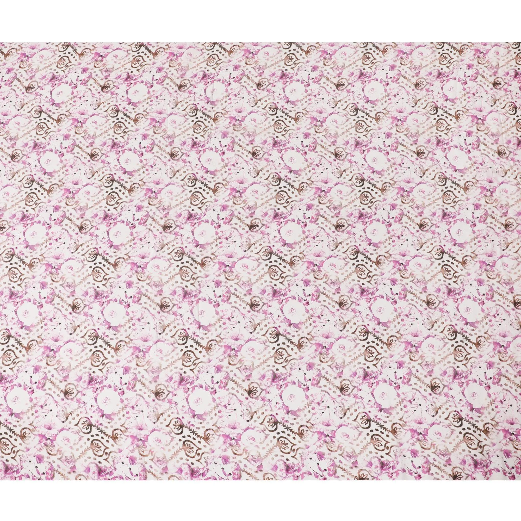 Off white synthetic crepe fabric with magenta purple, brown and black print in floral design-D11035