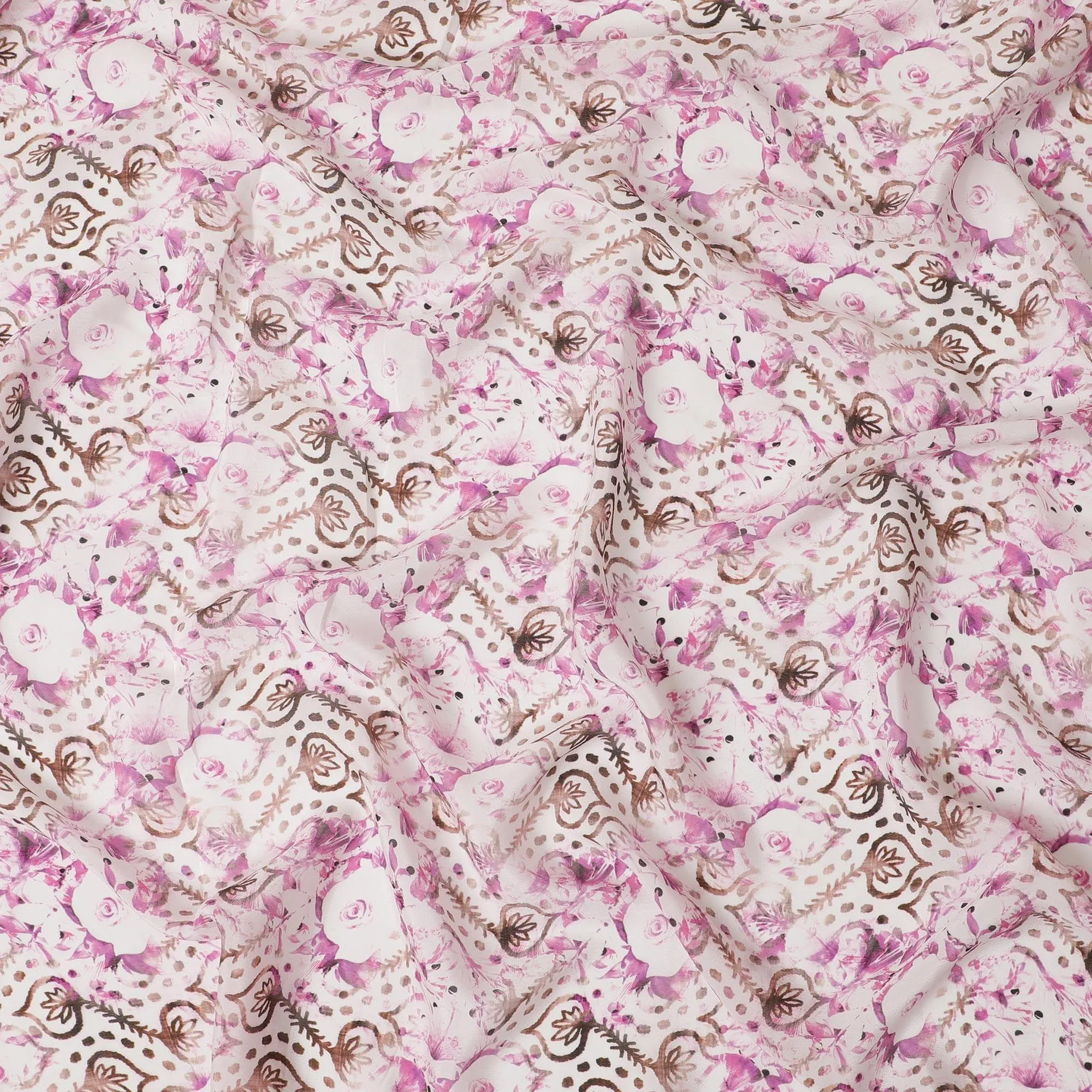 Off white synthetic crepe fabric with magenta purple, brown and black print in floral design-D11035