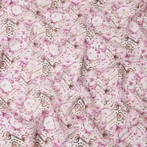 Off white synthetic crepe fabric with magenta purple, brown and black print in floral design-D11035