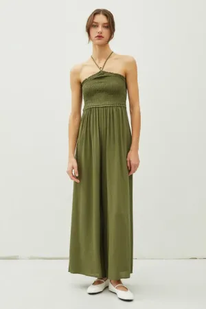Olive Cutout Smocked Halter Wide Leg Jumpsuit