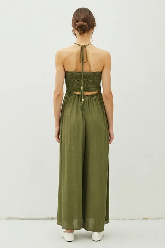 Olive Cutout Smocked Halter Wide Leg Jumpsuit