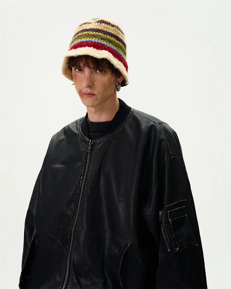 Oversized Distressed Faux Leather Bomber Jacket with Sleeve Pocket
