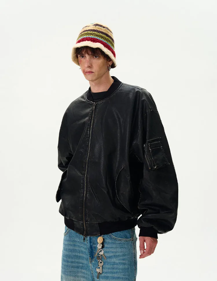 Oversized Distressed Faux Leather Bomber Jacket with Sleeve Pocket