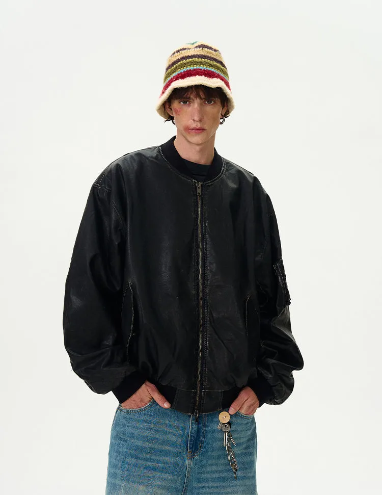 Oversized Distressed Faux Leather Bomber Jacket with Sleeve Pocket