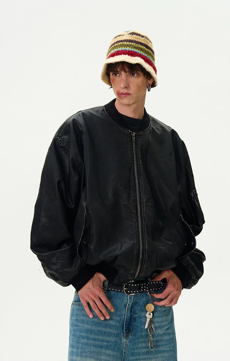 Oversized Distressed Faux Leather Bomber Jacket with Sleeve Pocket