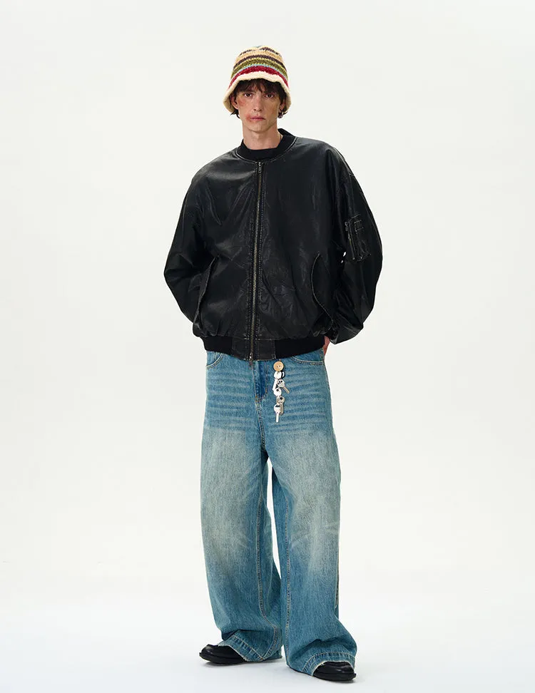 Oversized Distressed Faux Leather Bomber Jacket with Sleeve Pocket
