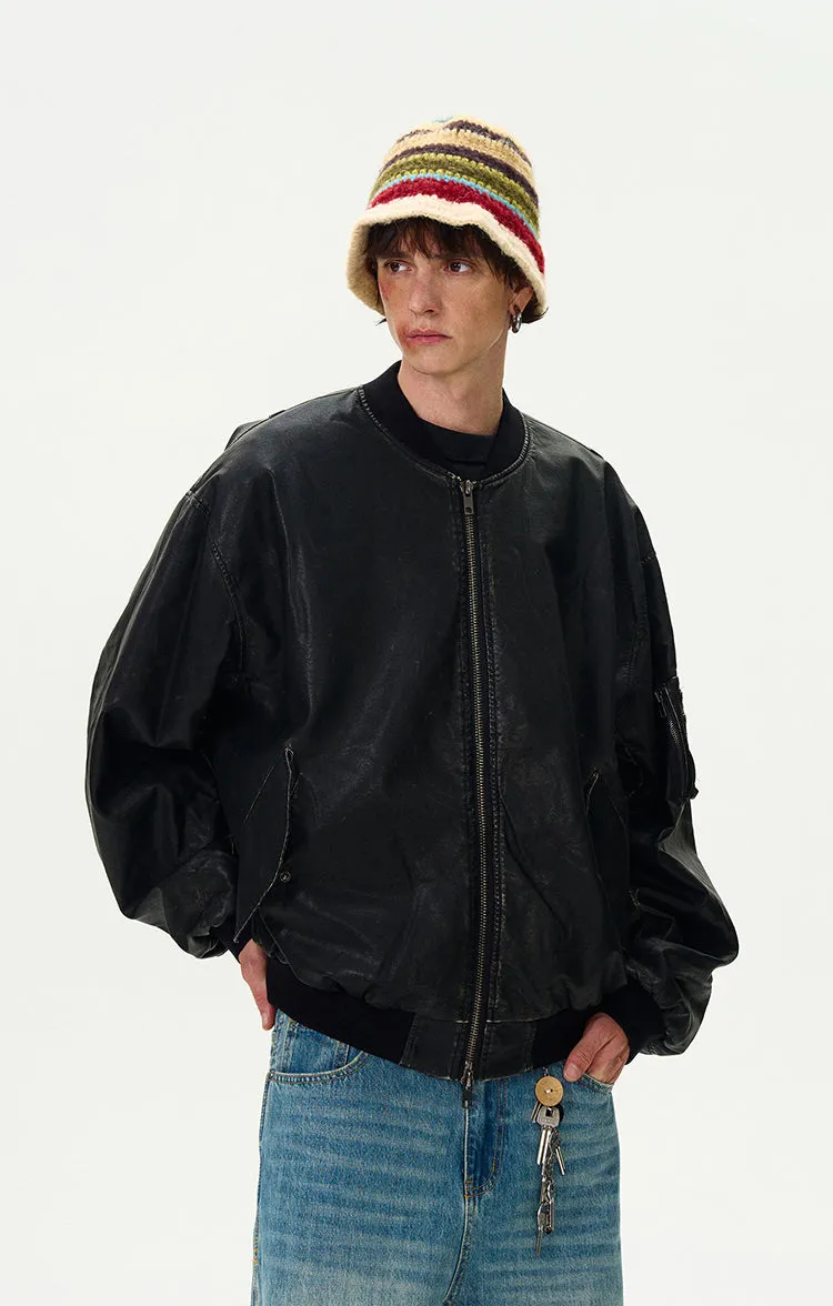 Oversized Distressed Faux Leather Bomber Jacket with Sleeve Pocket