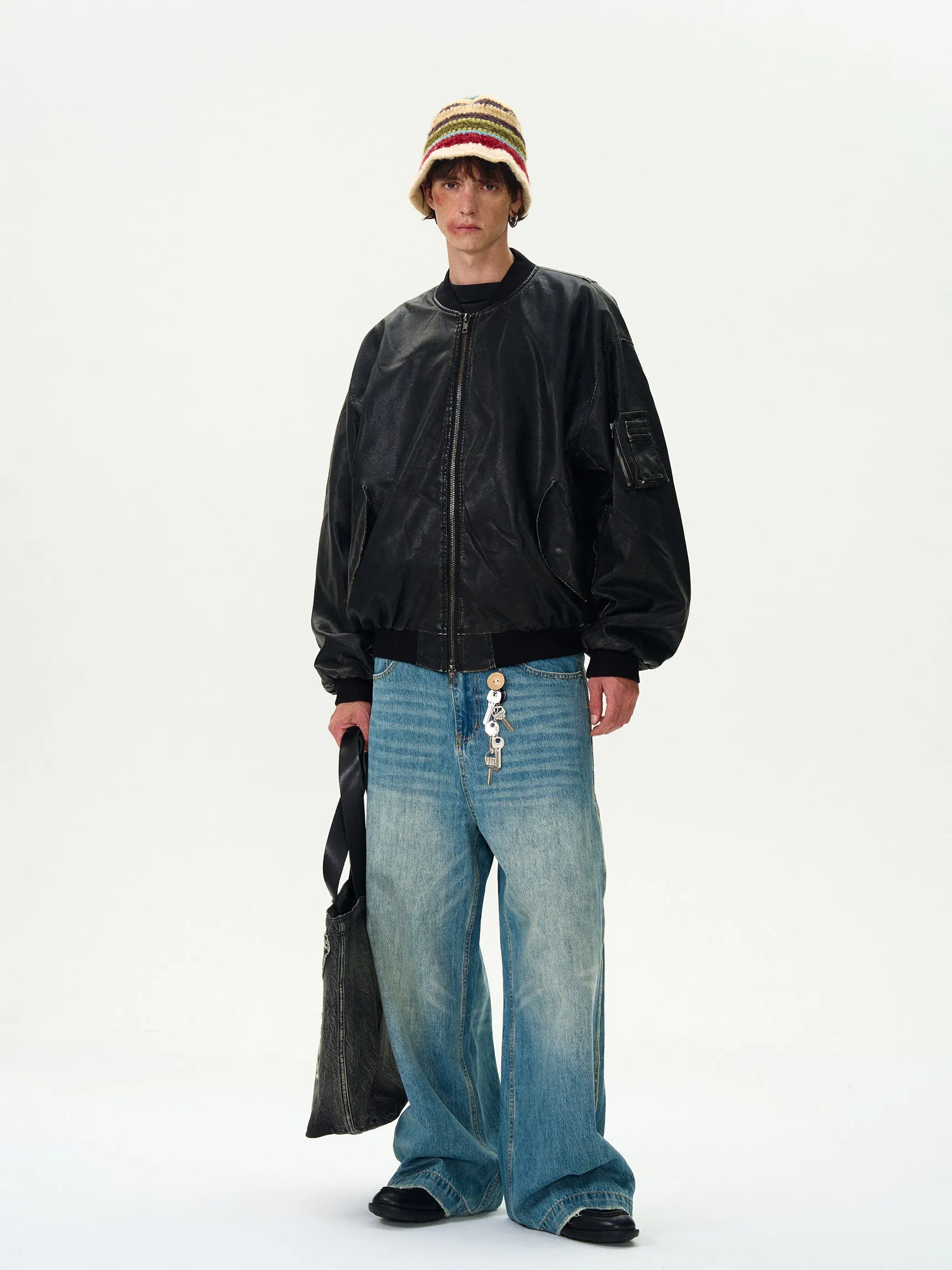 Oversized Distressed Faux Leather Bomber Jacket with Sleeve Pocket