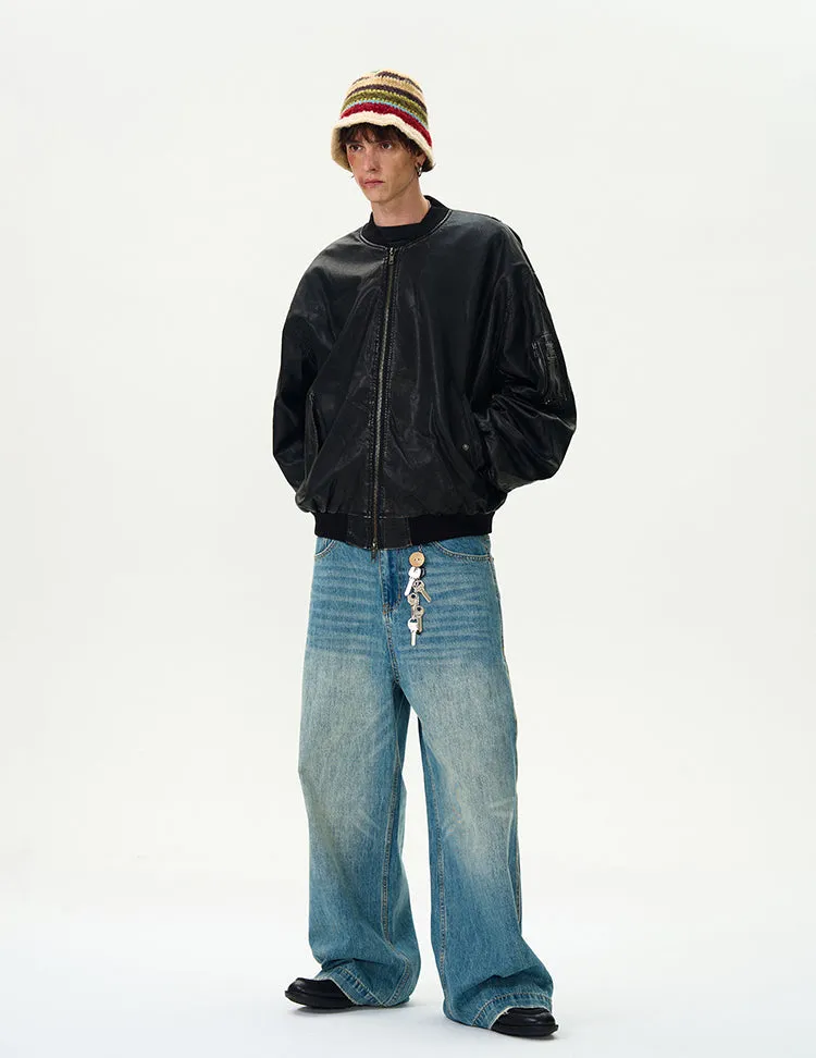 Oversized Distressed Faux Leather Bomber Jacket with Sleeve Pocket