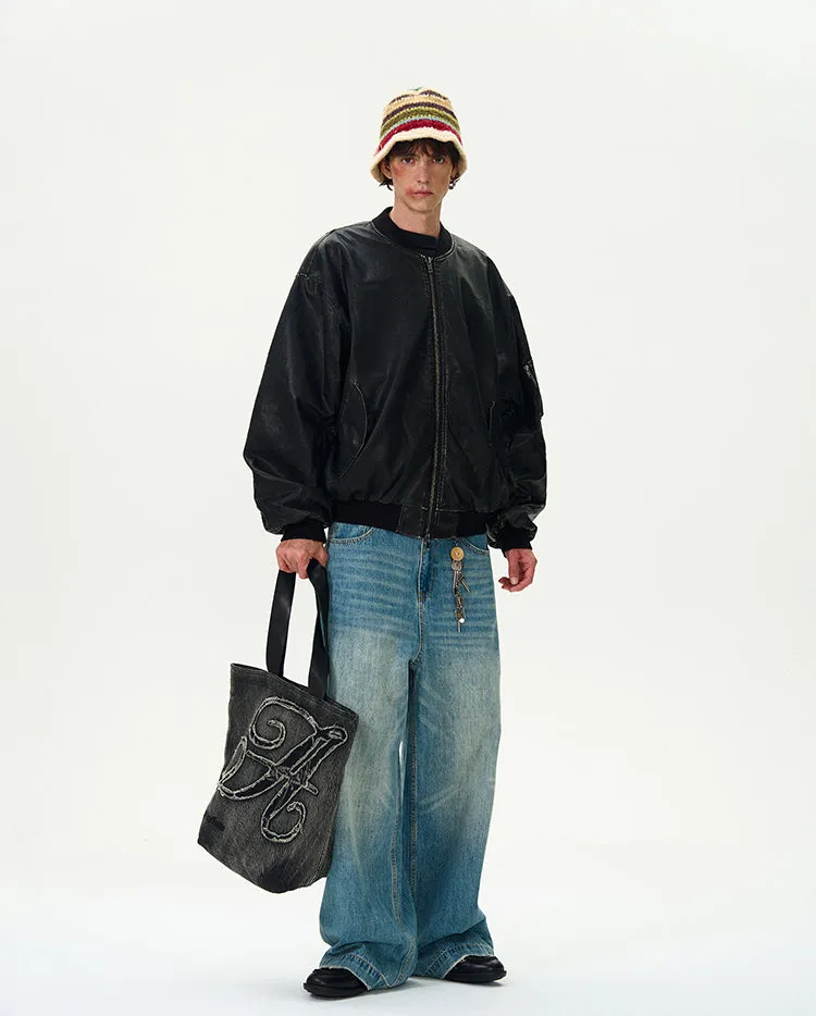 Oversized Distressed Faux Leather Bomber Jacket with Sleeve Pocket