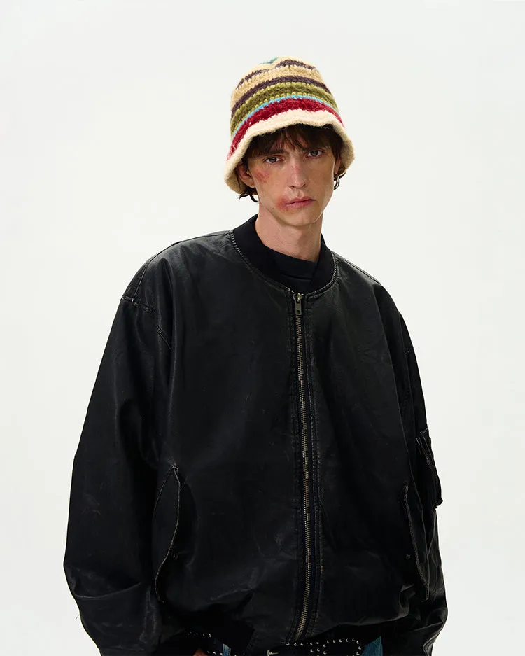 Oversized Distressed Faux Leather Bomber Jacket with Sleeve Pocket