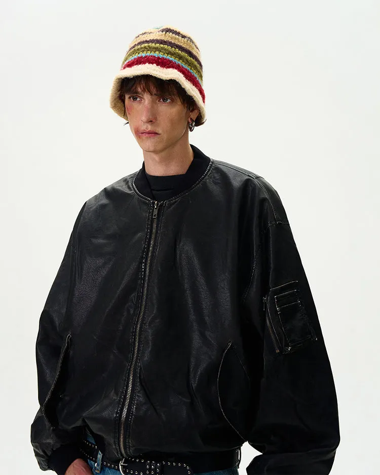 Oversized Distressed Faux Leather Bomber Jacket with Sleeve Pocket