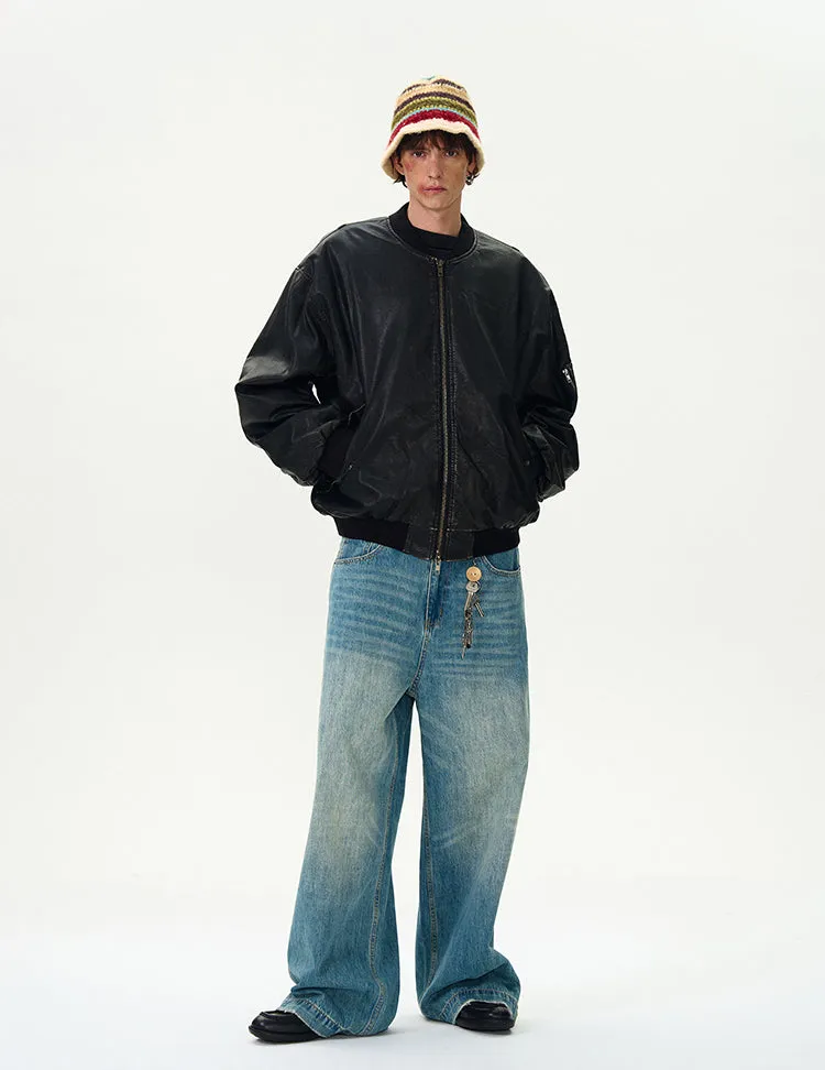 Oversized Distressed Faux Leather Bomber Jacket with Sleeve Pocket