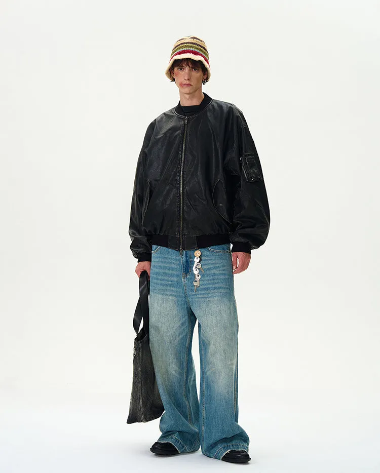Oversized Distressed Faux Leather Bomber Jacket with Sleeve Pocket