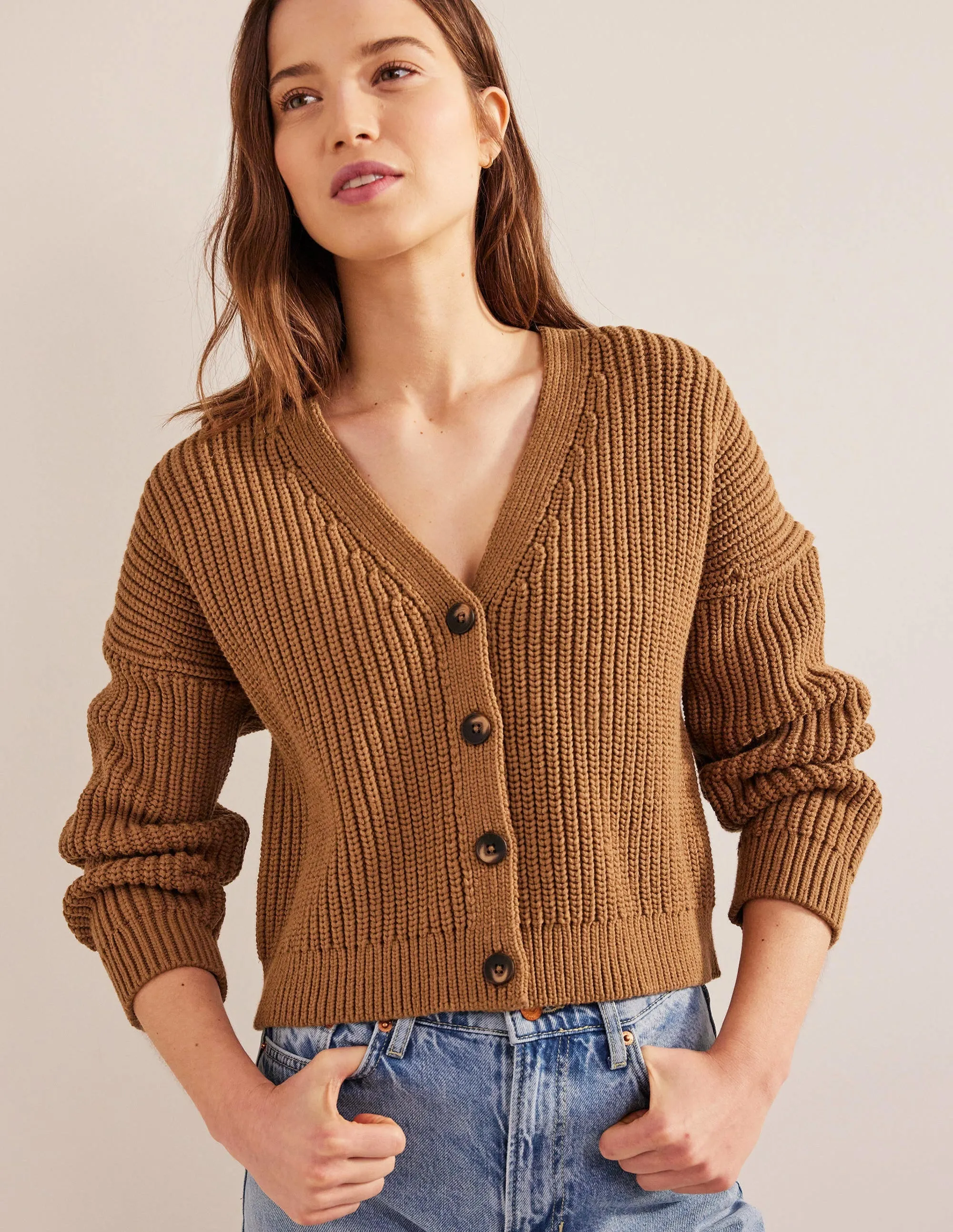 Oversized Ribbed Cardigan-Camel Melange