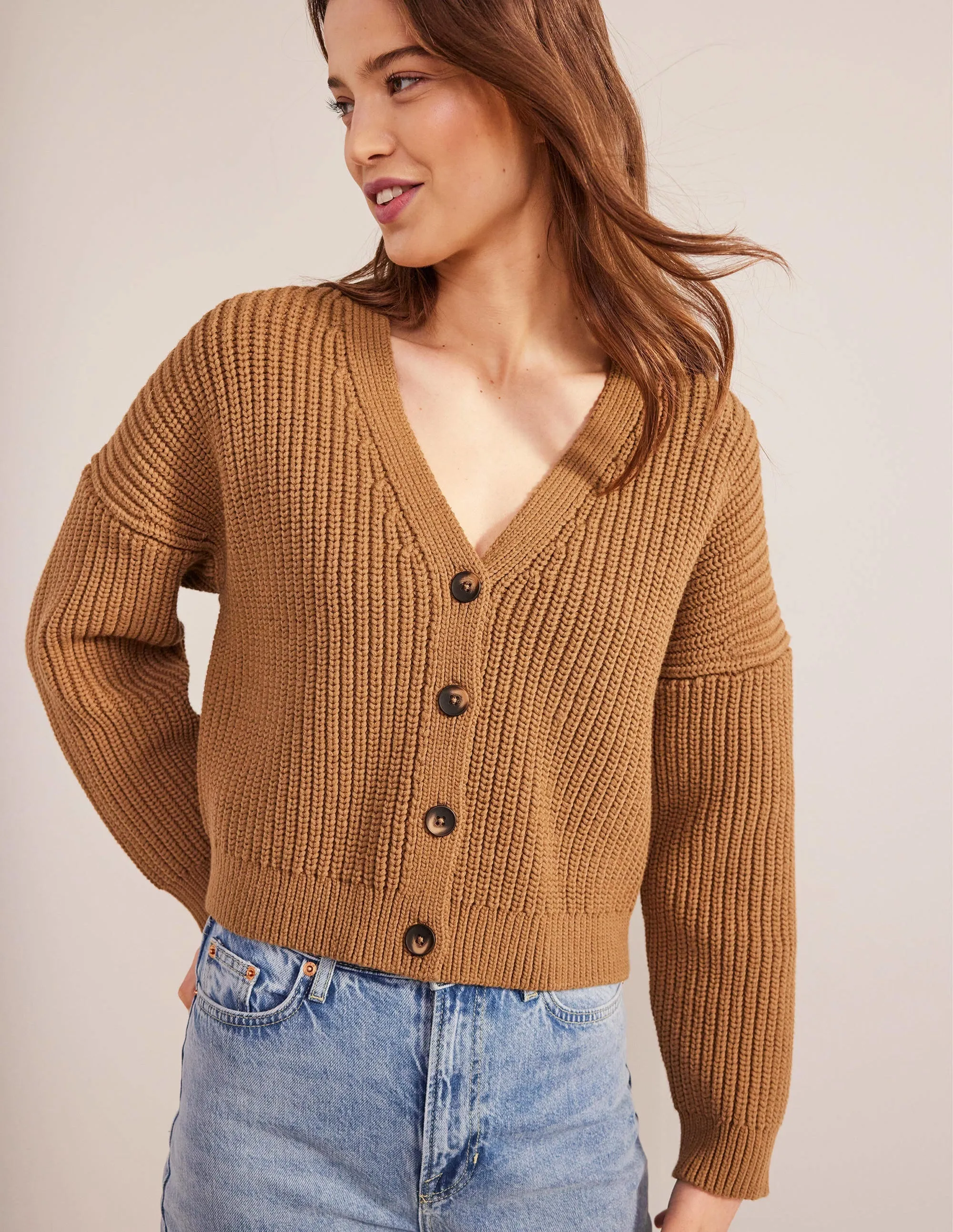 Oversized Ribbed Cardigan-Camel Melange