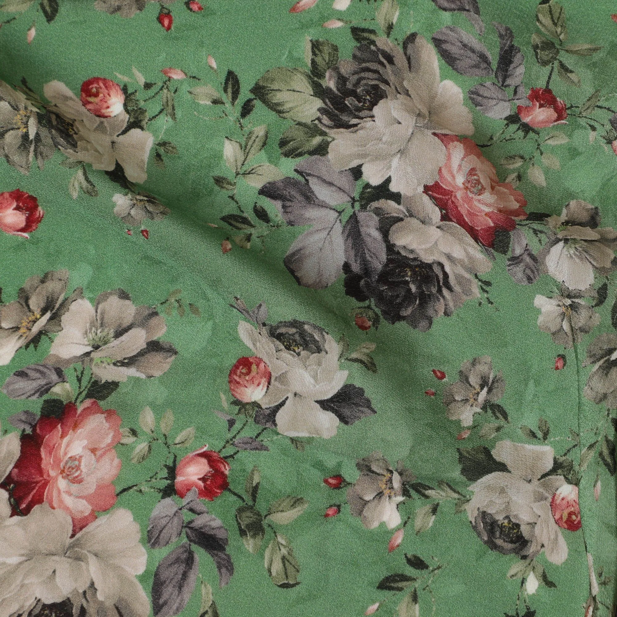 Parrot green synthetic crepe fabric with multicolor print in floral design-D17375 (1.25 mtrs)
