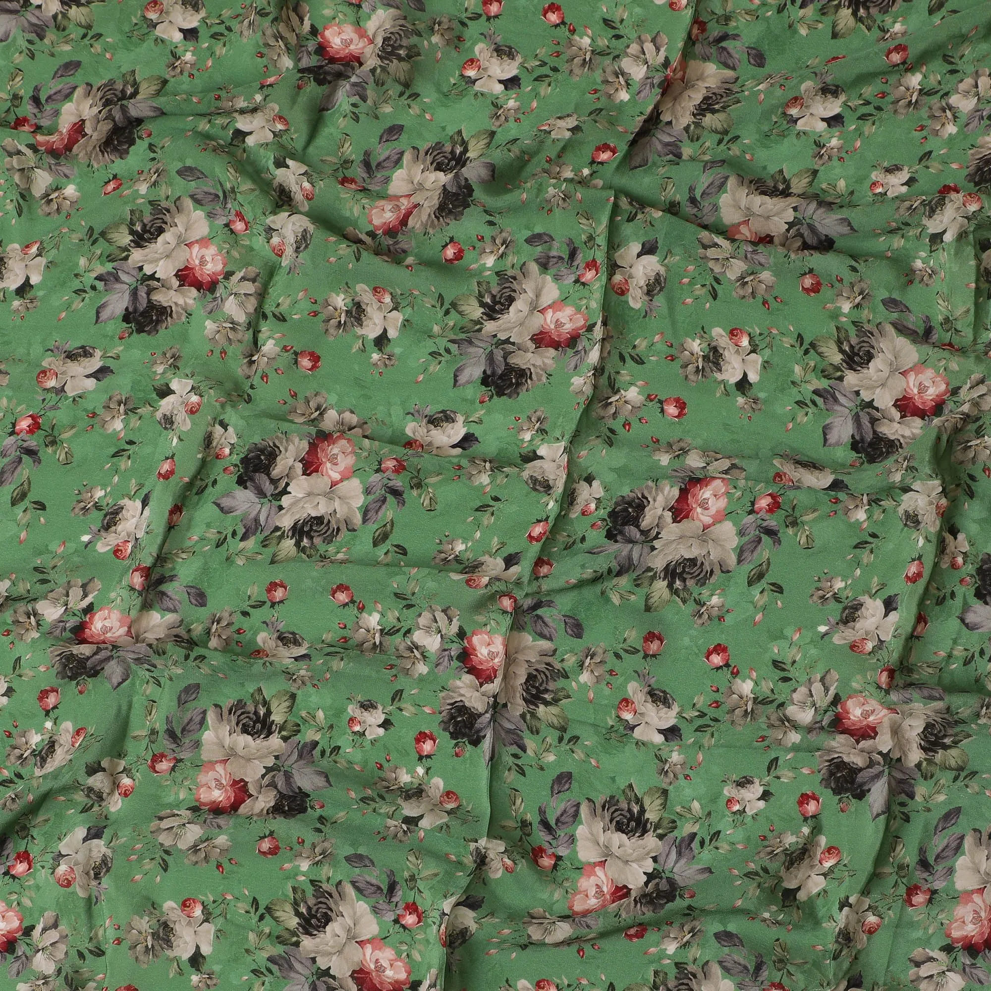 Parrot green synthetic crepe fabric with multicolor print in floral design-D17375 (1.25 mtrs)