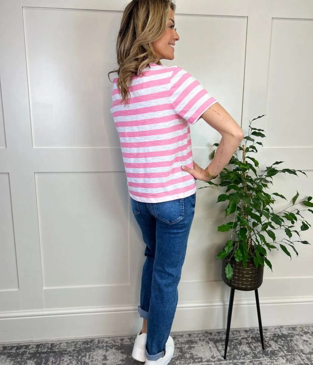 Pink Striped Cotton V Neck Tee
