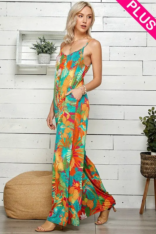 Plus Size Tropical Print Wide-leg Summer Jumpsuit