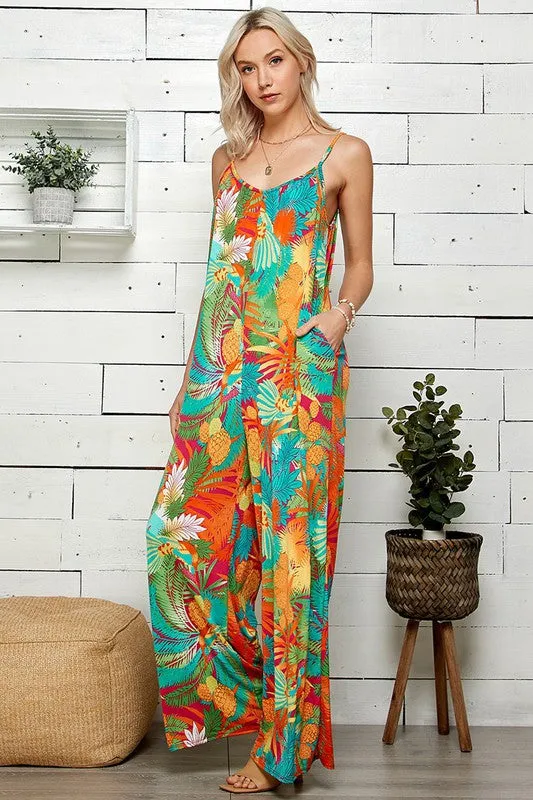 Plus Size Tropical Print Wide-leg Summer Jumpsuit