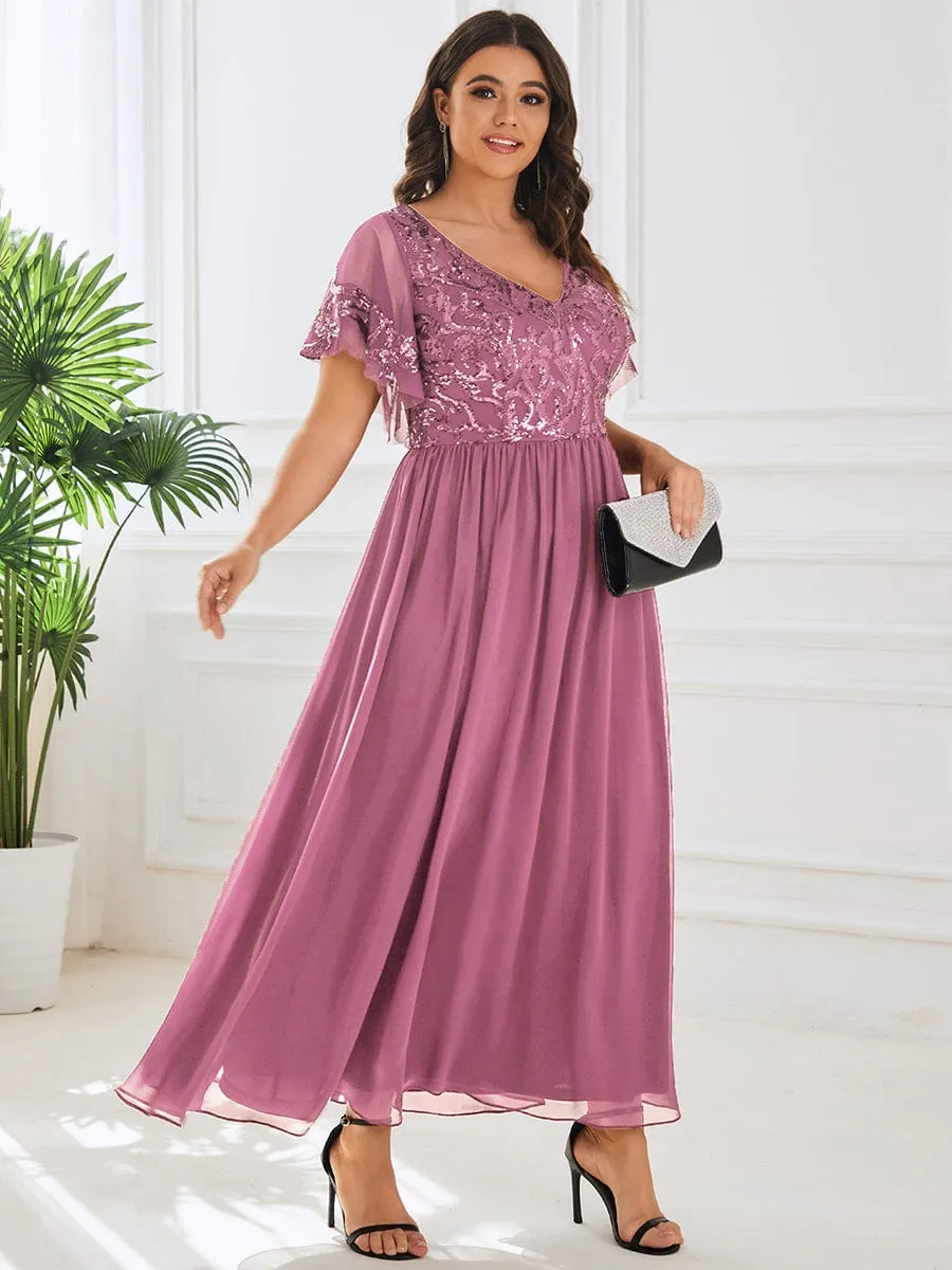 Plus Size V-Neck Short Sleeve Sequin Bodice Mother of the Bride Dress