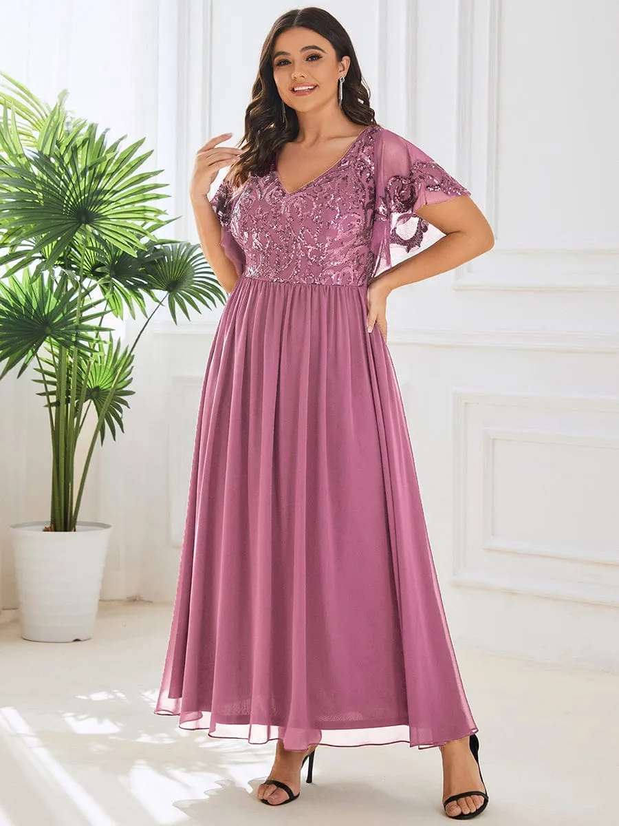Plus Size V-Neck Short Sleeve Sequin Bodice Mother of the Bride Dress
