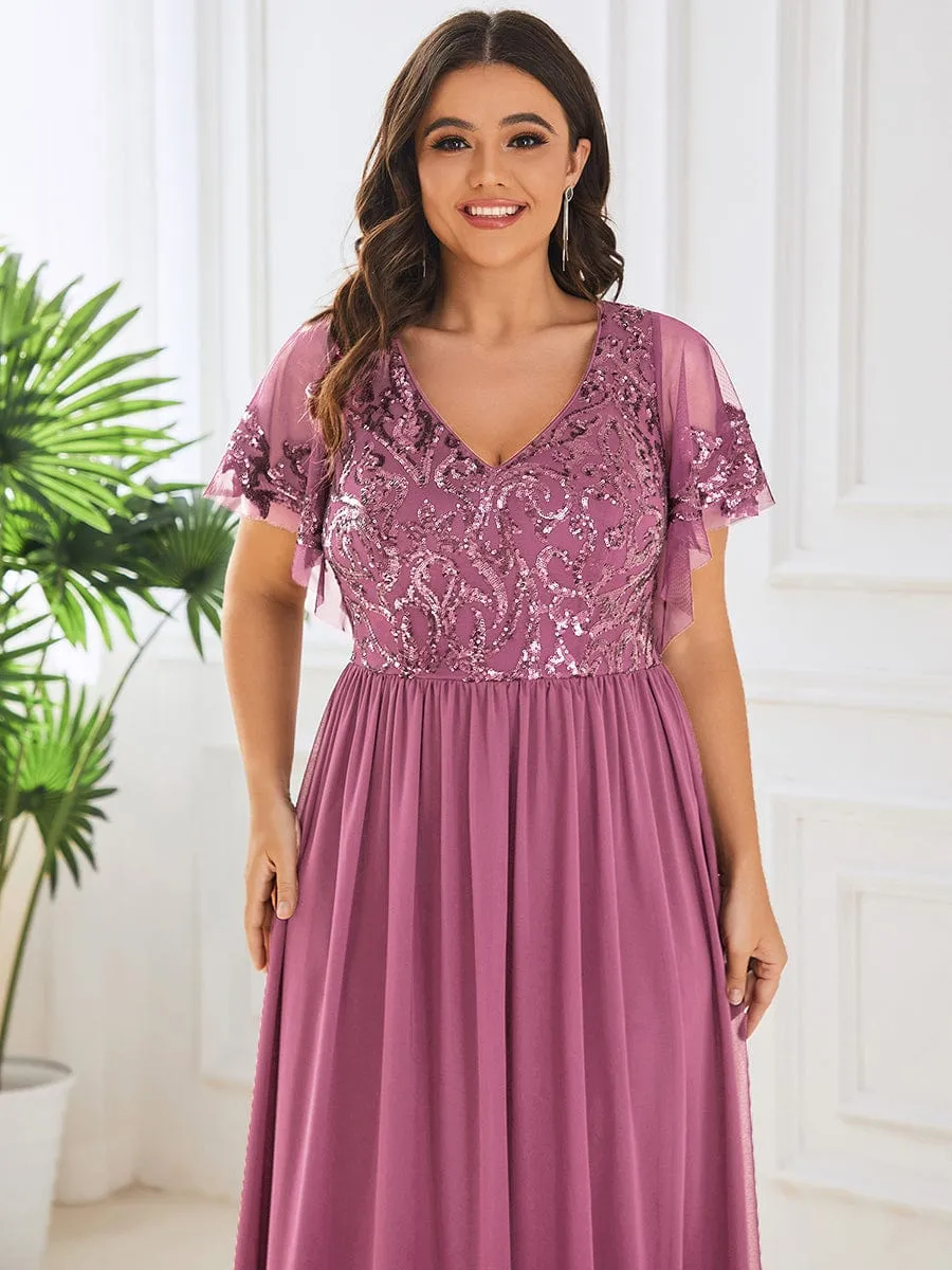 Plus Size V-Neck Short Sleeve Sequin Bodice Mother of the Bride Dress
